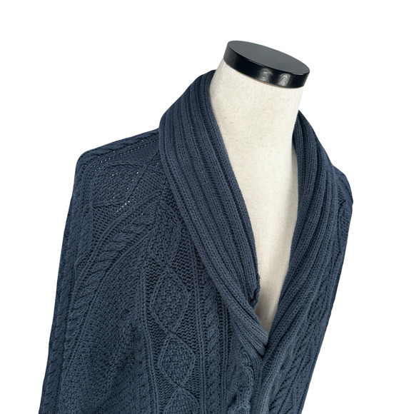 LL Bean Signature Fisherman Cardigan Shawl Collar Sweater Mens XL Navy Blue Long - Picture 2 of 10